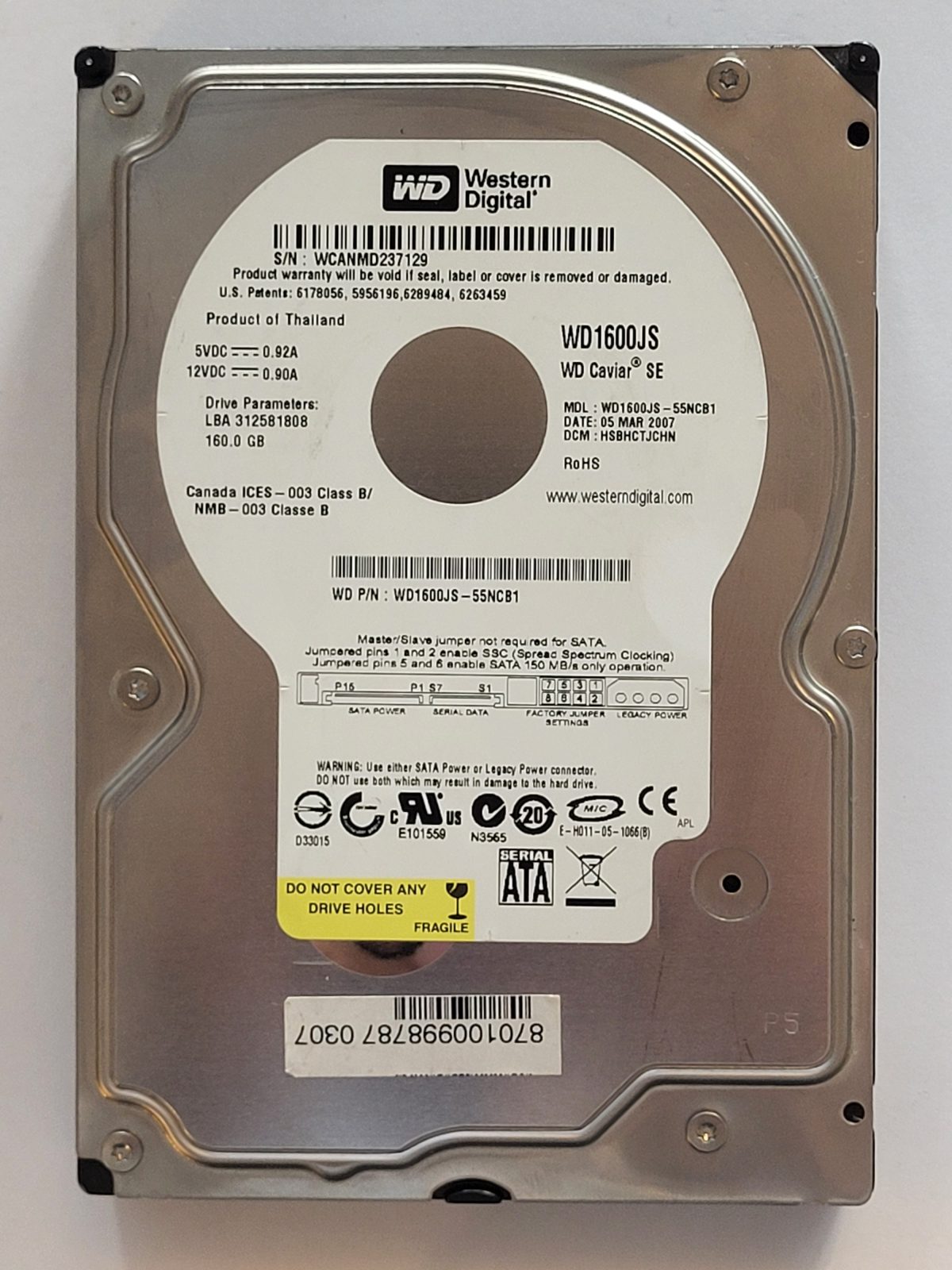 WD1600JS-55NCB1, DCM: HSBHCTJCHN, 05 MAR 2007 | WD 160Go 3,5" SATA HDD STK