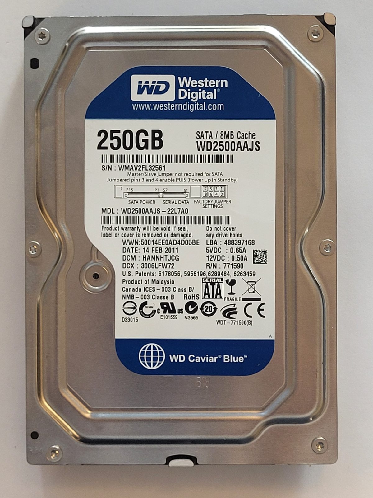 WD2500AAJS-22L7A0, DCM: HANNHTJCG, 14 FEB 2011 | WD 250Go 3,5" SATA HDD STK