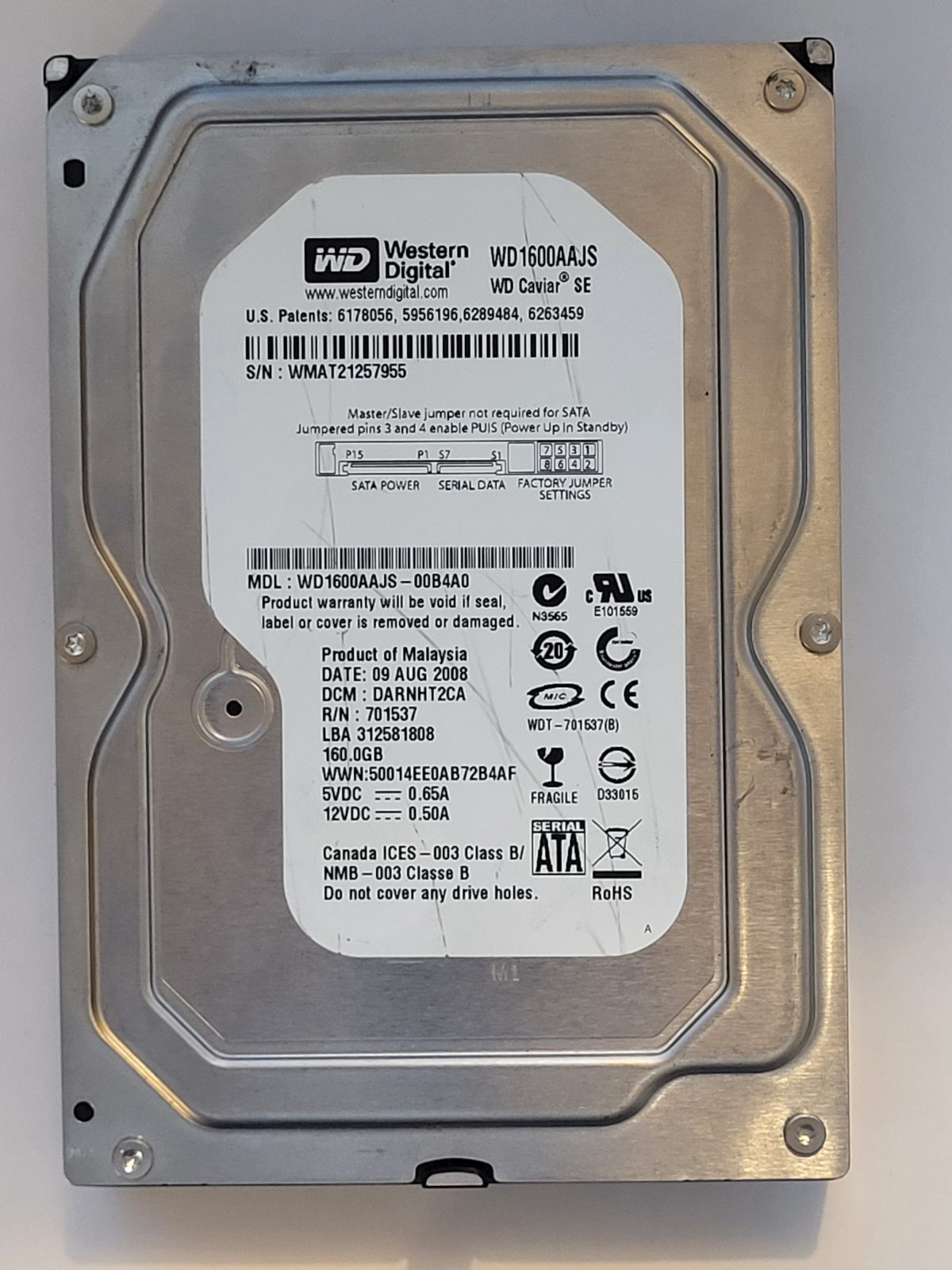 WD1600AAJS-00B4A0, DCM: DARNHT2CA, 09 AUG 2008 | WD 160Go 3,5" SATA HDD STK