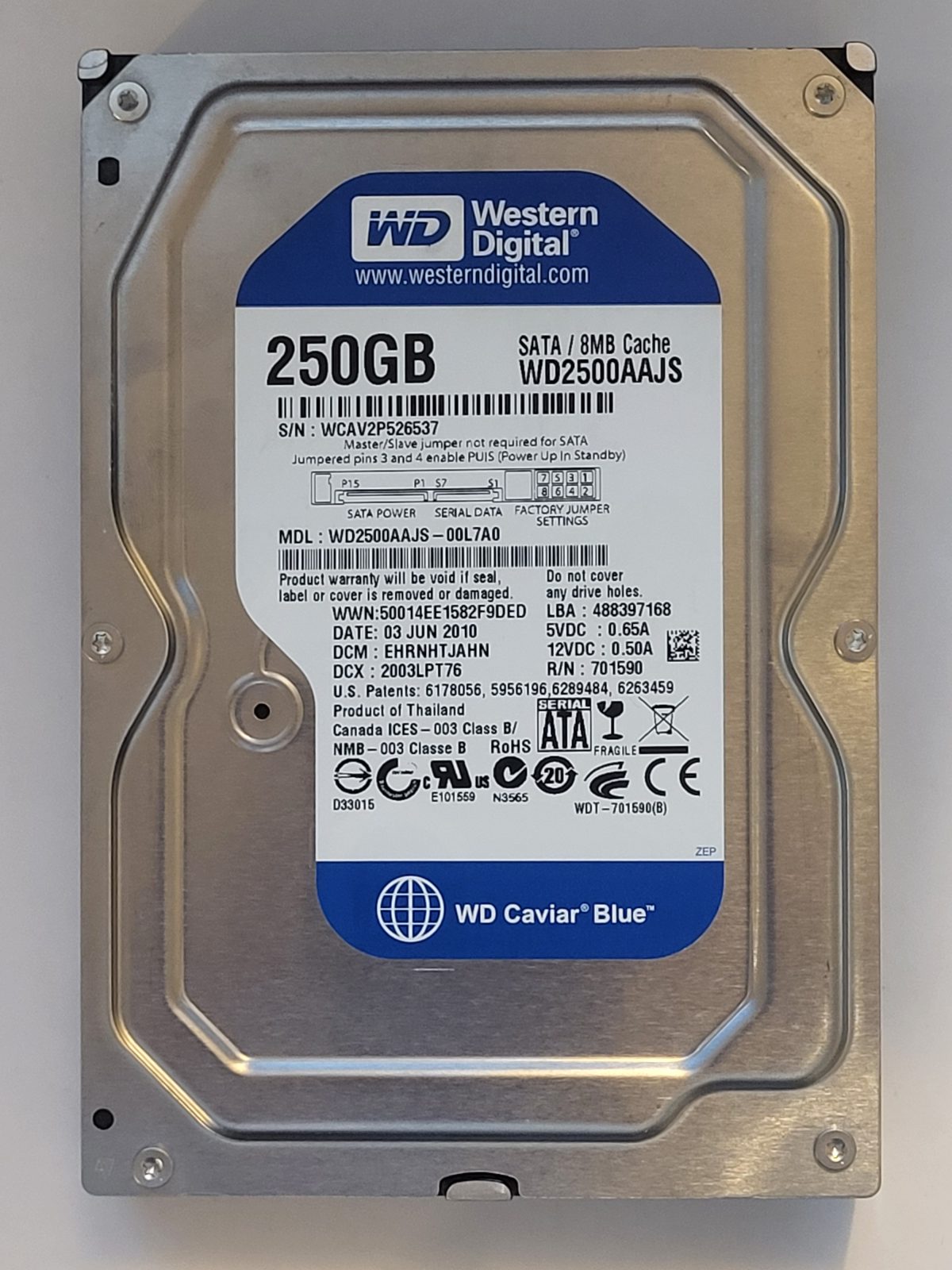 WD2500AAJS-00L7A0, DCM: EHRNHTJAHN, 03 JUN 2010 | WD 250Go 3,5" SATA HDD STK
