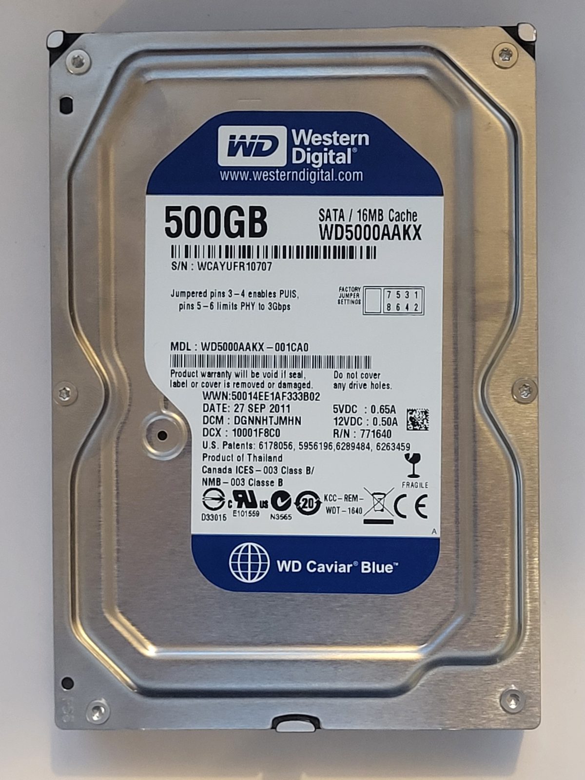WD5000AAKX-001CA0, DCM: DGNNHTJMHN, 27 SEP 2011 | WD 500Go 3,5" SATA HDD STK