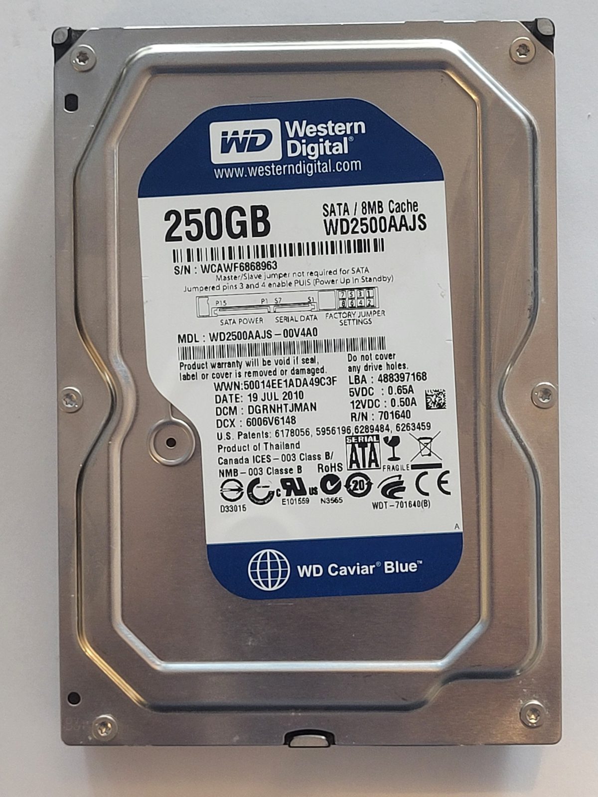 WD2500AAJS-00V4A0, DCM: DGRNHTJMAN, 19 JUL 2010 | WD 250Go 3,5" SATA HDD STK