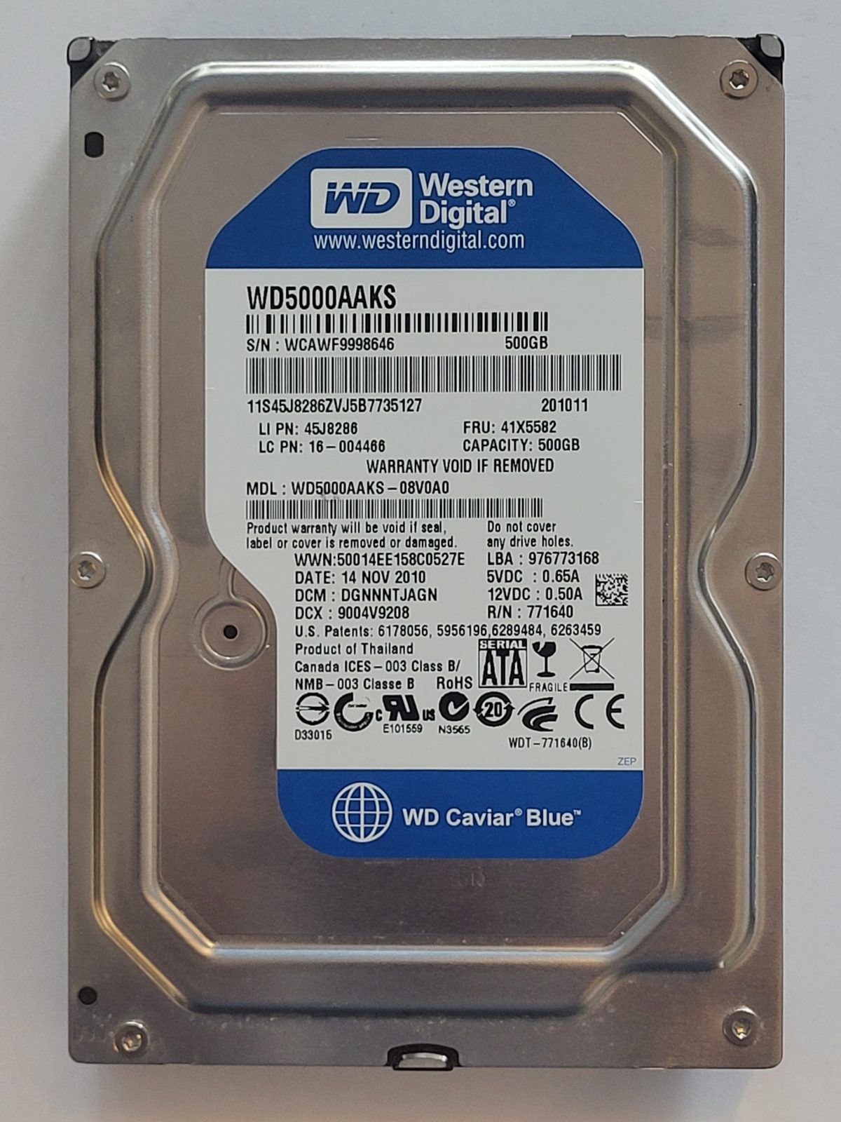 WD5000AAKS-08V0A0, DCM: DGNNNTJAGN, 14 NOV 2010 | WD 500Go 3,5" SATA HDD STK