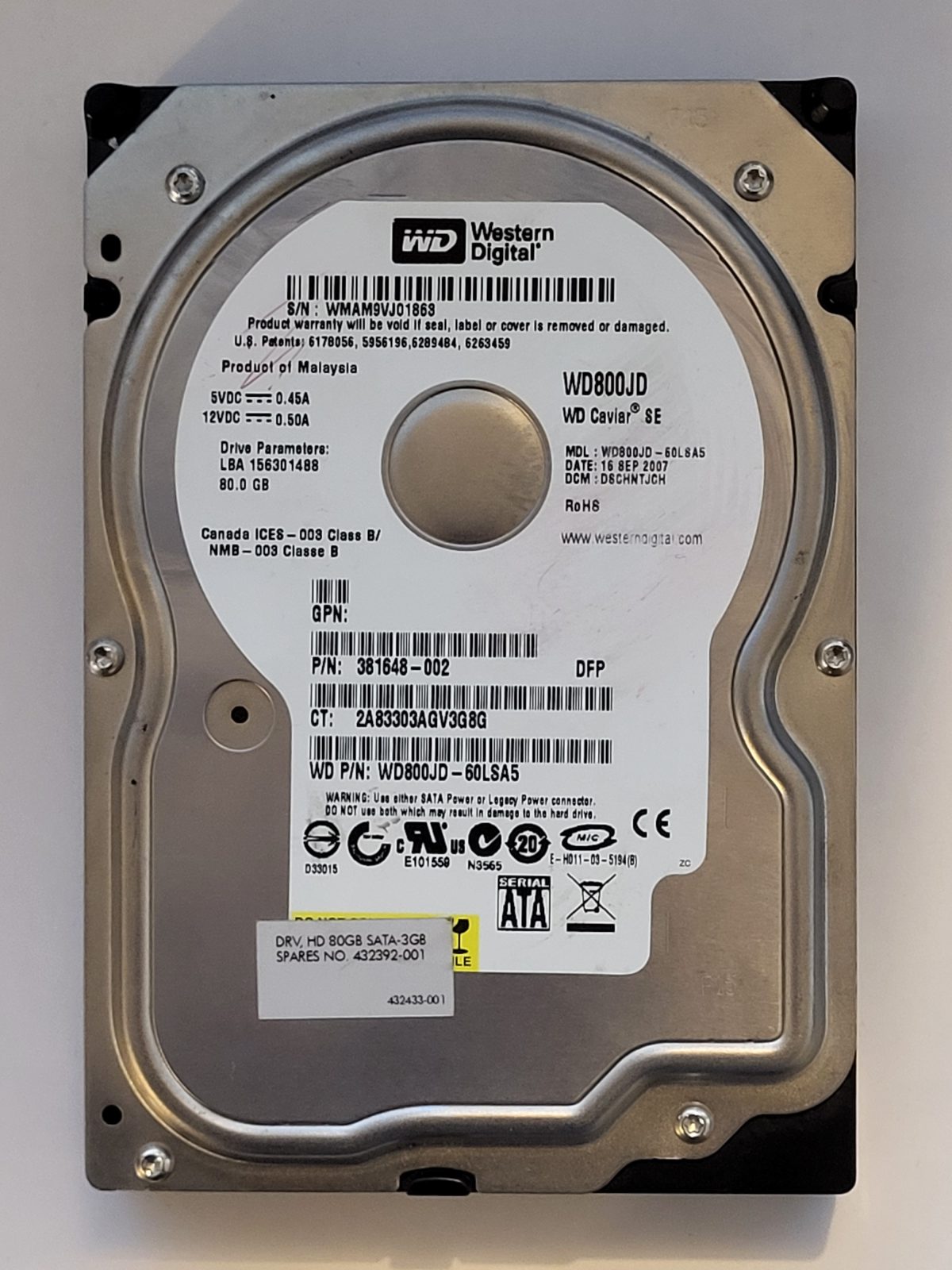 WD800JD-60LSA5, DCM: DSCHNTJCH, 16 SEP 2007 | WD 80Go 3,5" SATA HDD STK