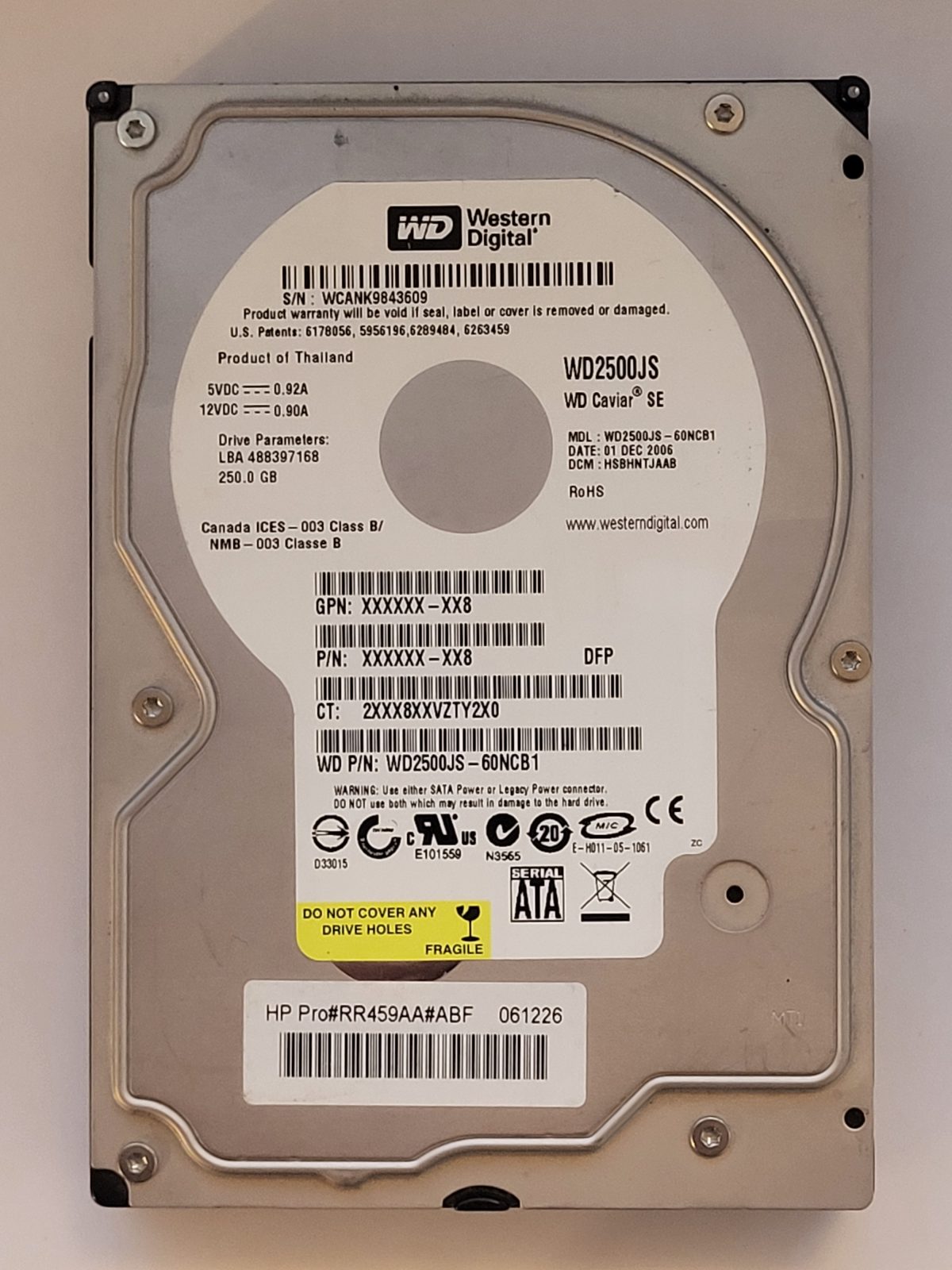 WD2500JS-60NCB1, DCM: HSBHNTJAAB, 01 DEC 2006 | WD 250Go 3,5" SATA HDD STK