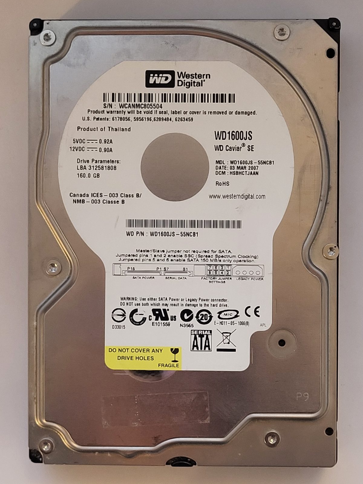 WD1600JS-55NCB1, DCM: HSBHCTJAAN, 03 MAR 2007 | WD 160Go 3,5" SATA HDD STK