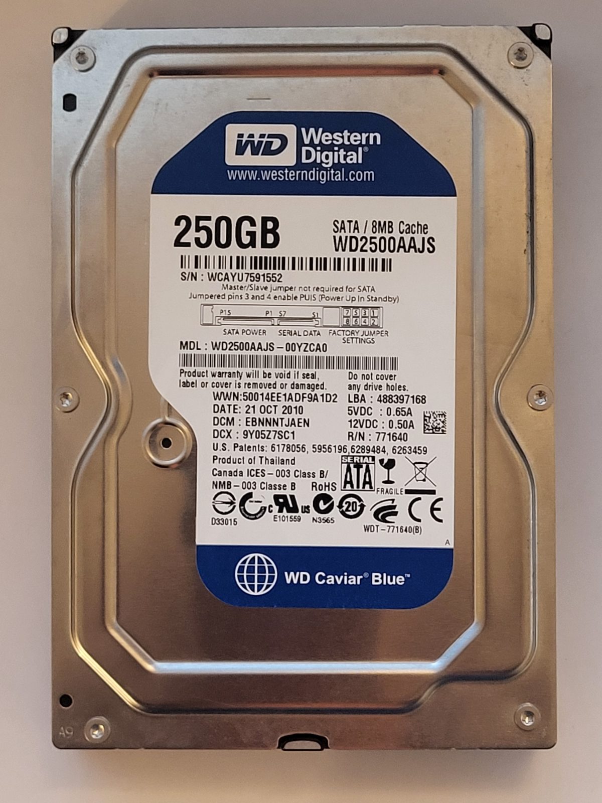 WD2500AAJS-00YZCA0, DCM: EBNNNTJAEN, 21 OCT 2010 | WD 250Go 3,5" SATA HDD STK