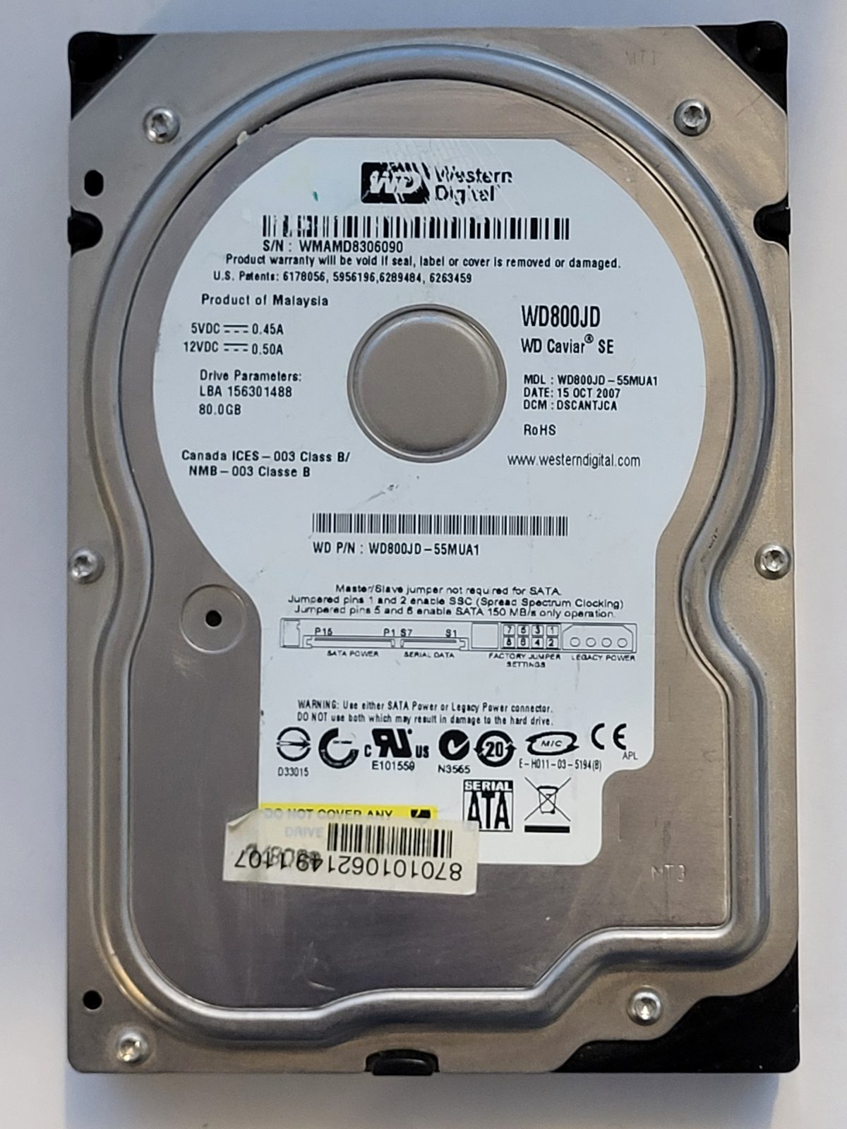 WD800JD-55MUA1, DCM: DSCANTJCA, 15 OCT 2007 | WD 80Go 3,5" SATA HDD STK
