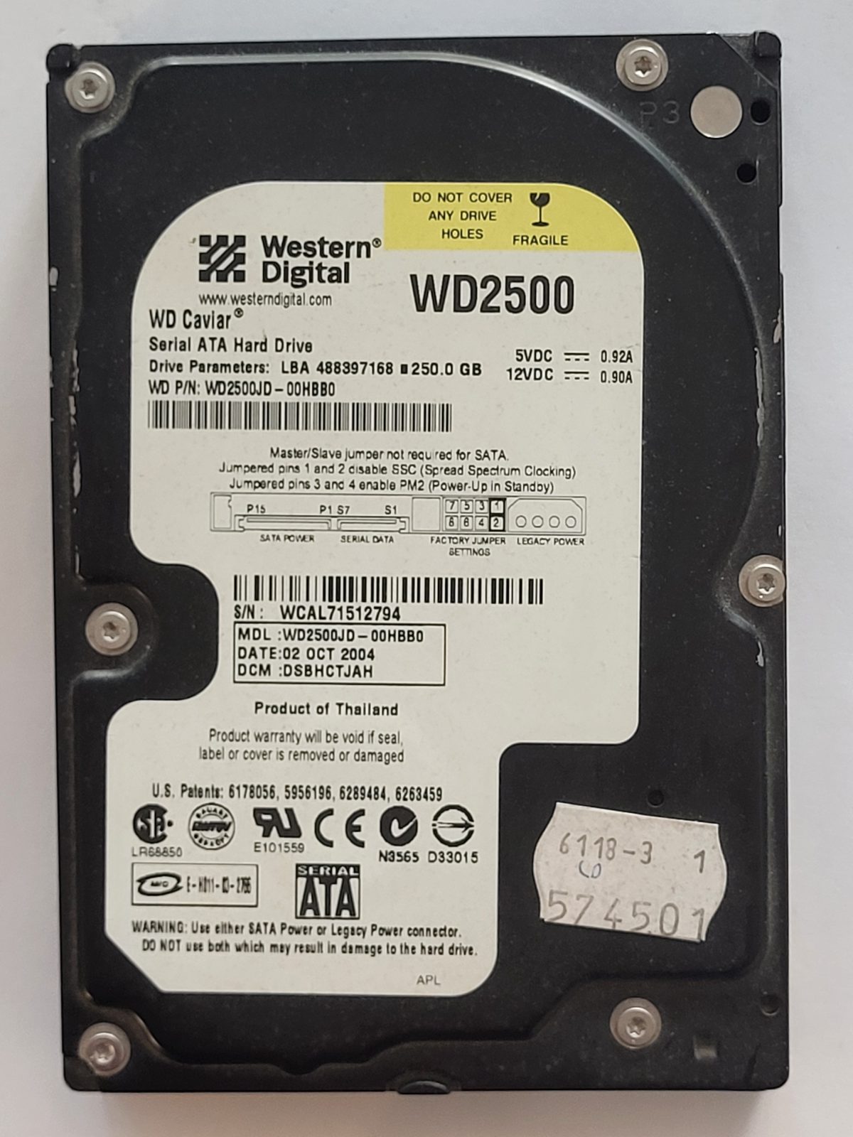 WD2500JD-00HBB0, DCM: DSBHCTJAH, 02 OCT 2004 | WD 250Go 3,5" SATA HDD STK