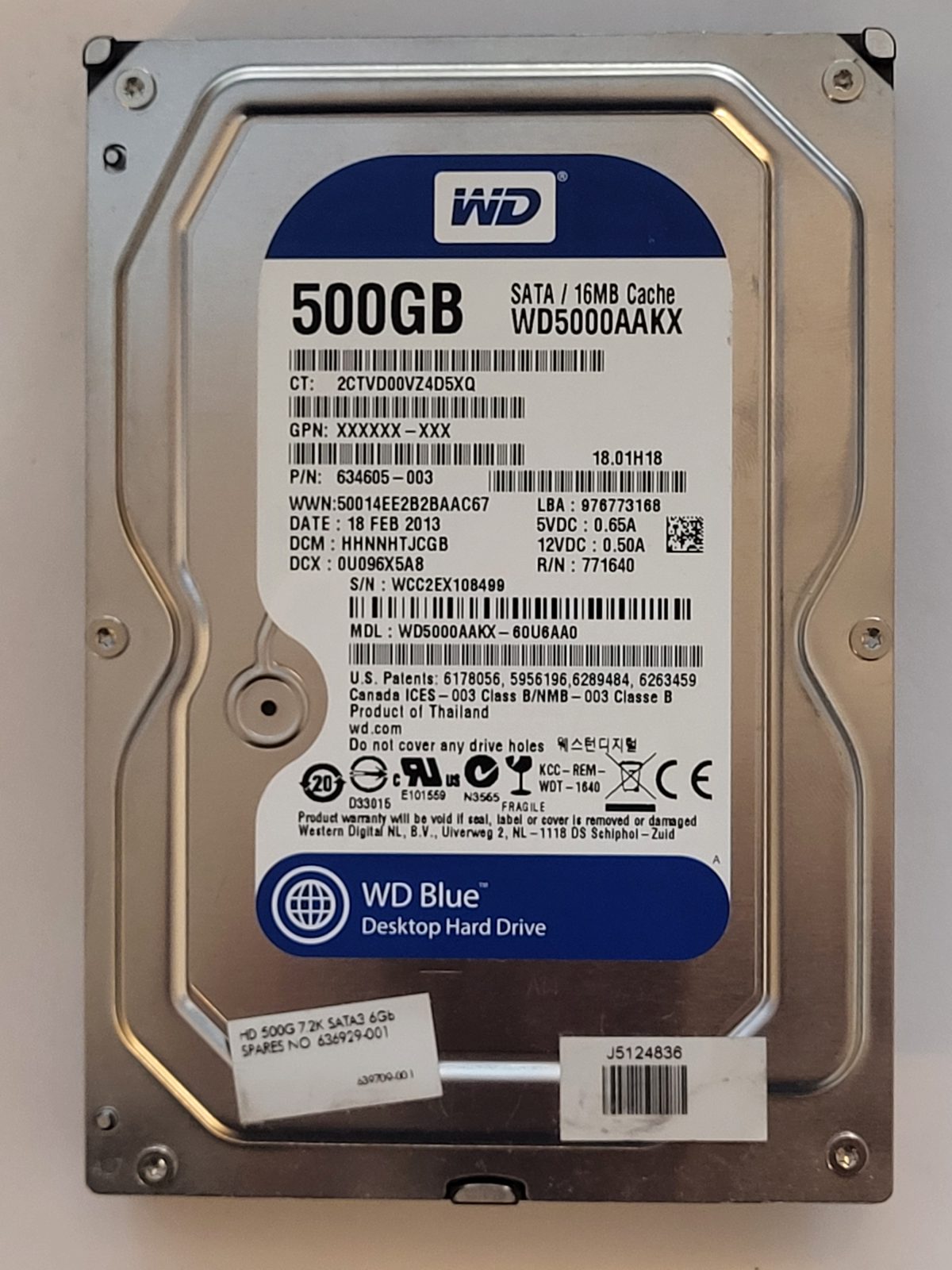 WD5000AAKX-60U6AA0, DCM: HHNNHTJCGB, 18 FEB 2013 | WD 500Go 3,5" SATA HDD STK