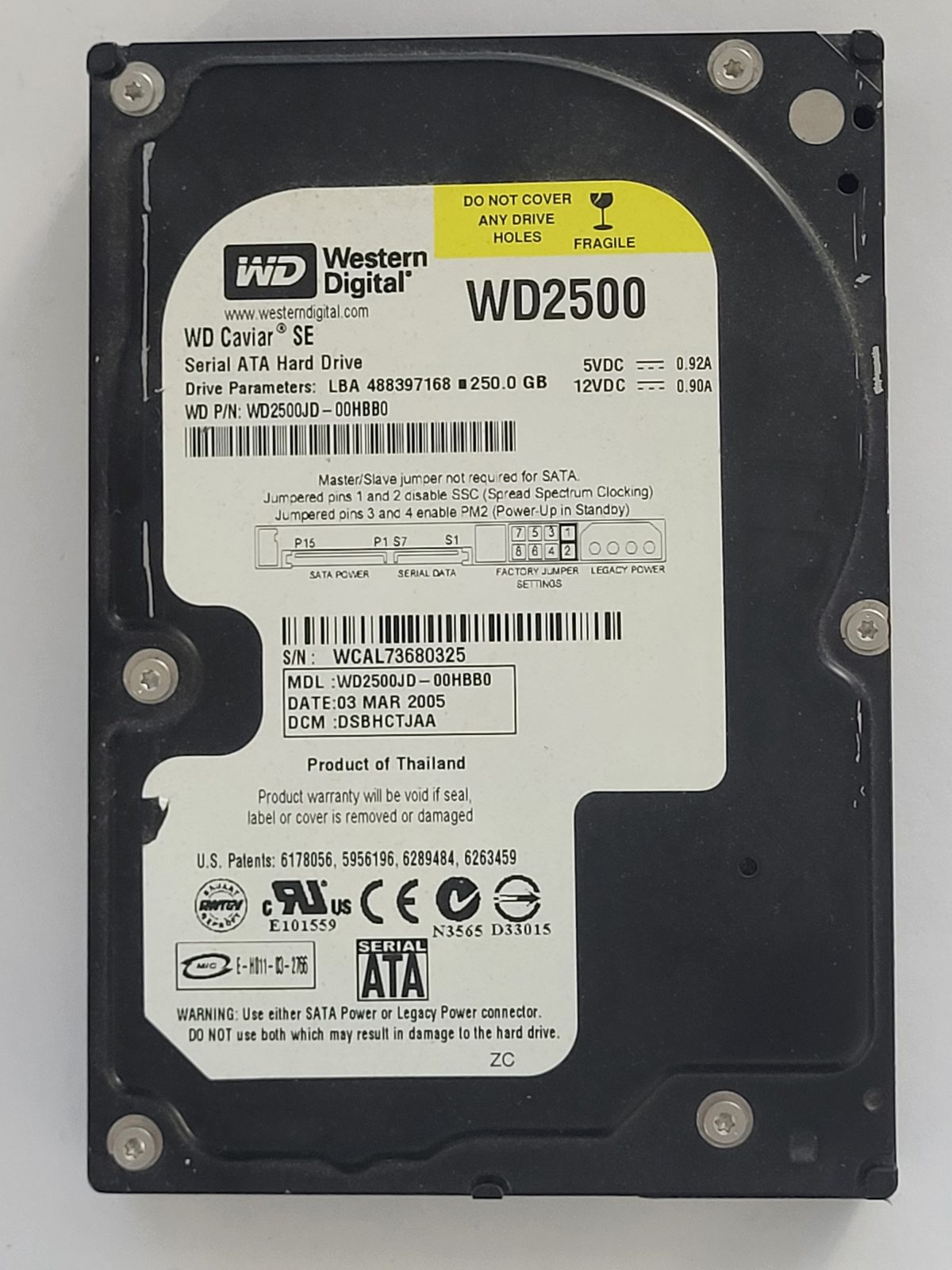 WD2500JD-00HBB0, DCM: DSBHCTJAA, 03 MAR 2005 | WD 250Go 3,5" SATA HDD STK
