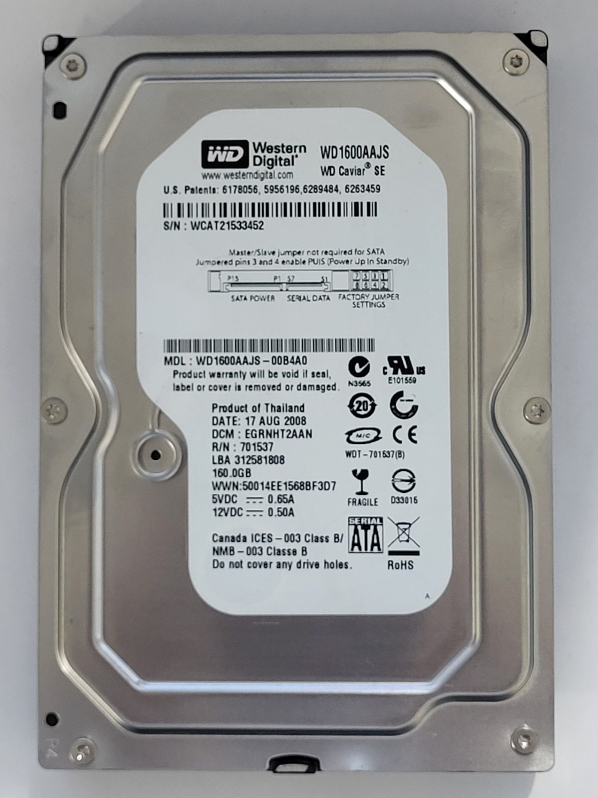 WD1600AAJS-00B4A0, DCM: EGRNHT2AAN, 17 AUG 2008 | WD 160Go 3,5" SATA HDD STK