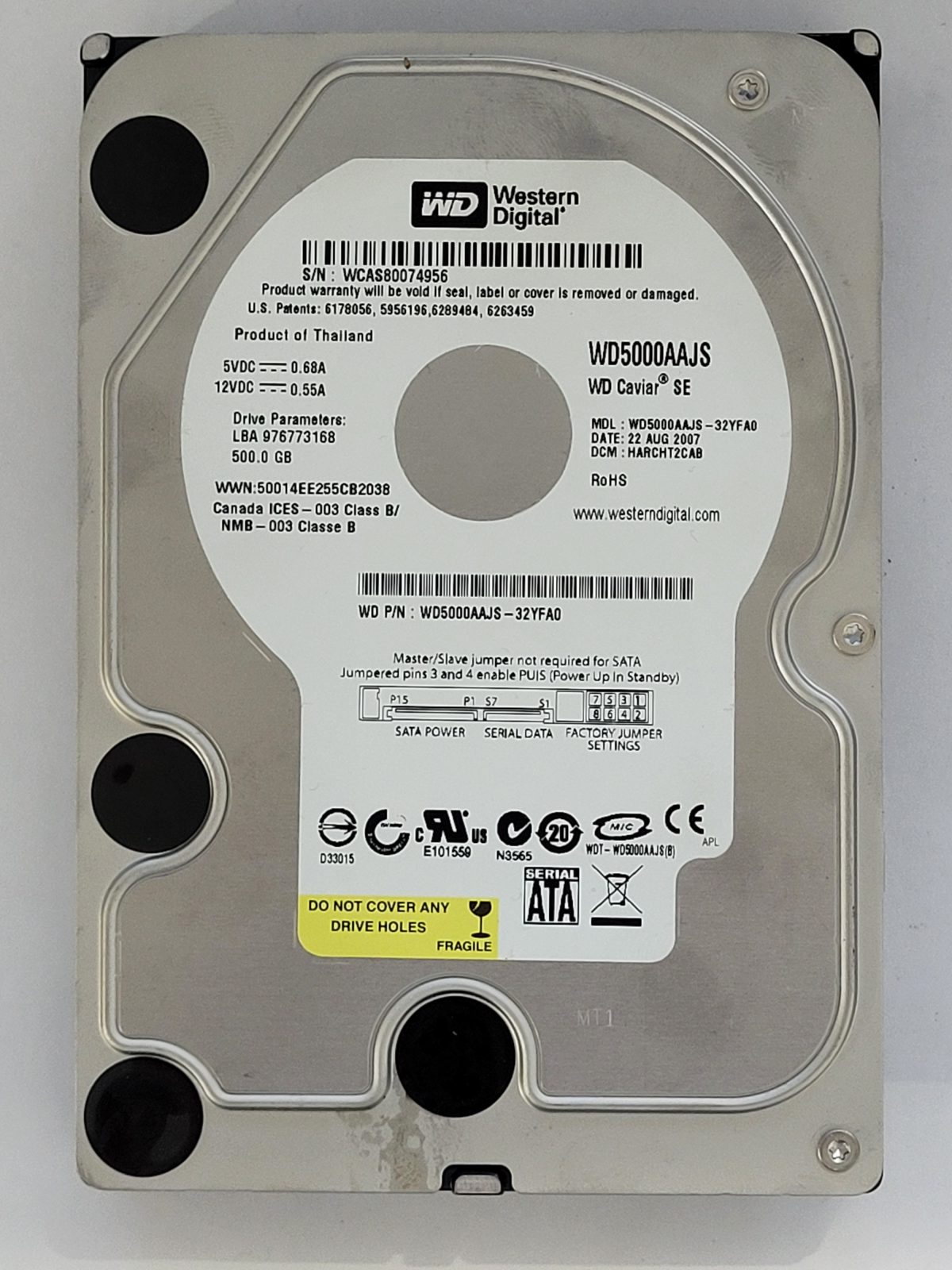 WD5000AAJS-32YFA0, DCM: HARCHT2CAB, 22 AUG 2007 | WD 500Go 3,5" SATA HDD STK