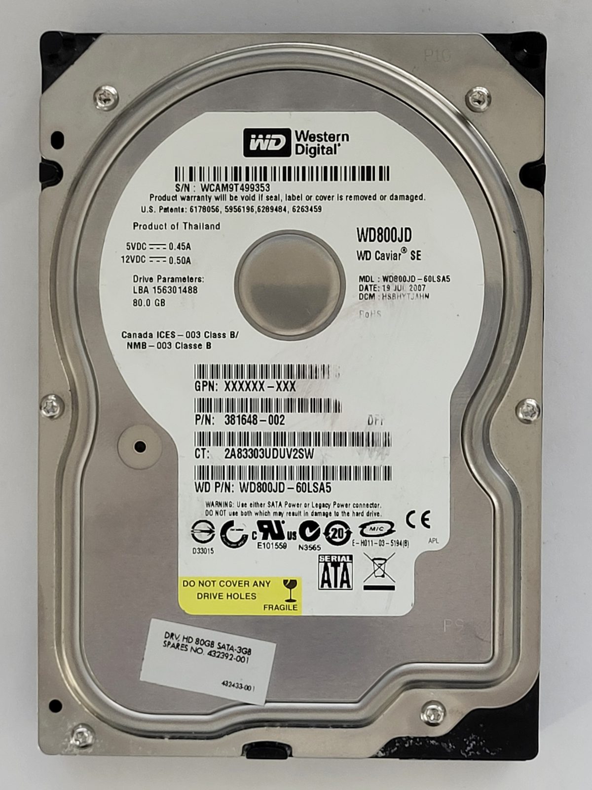 WD800JD-60LSA5, DCM: HSBHYTJAHN, 19 JUL 2007 | WD 80Go 3,5" SATA HDD STK