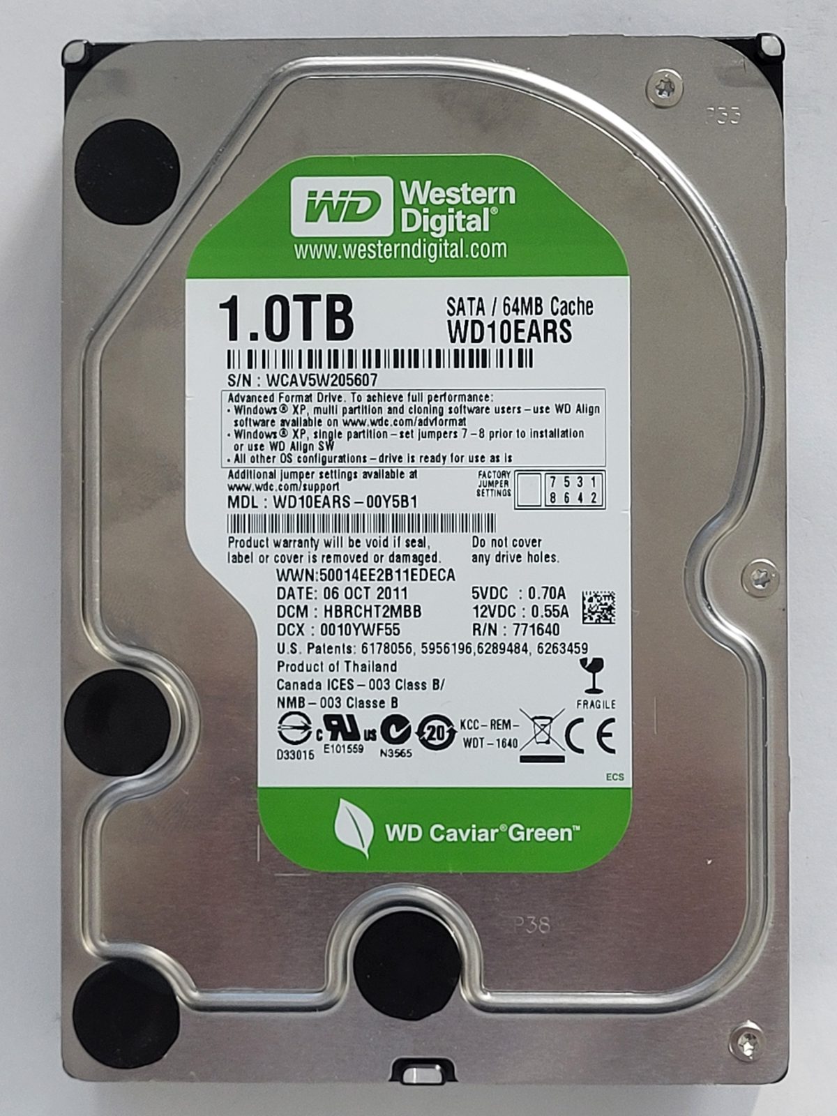 WD10EARS-00Y5B1, DCM: HBRCHT2MBB, 06 OCT 2011 | WD 1To 3,5" SATA HDD STK