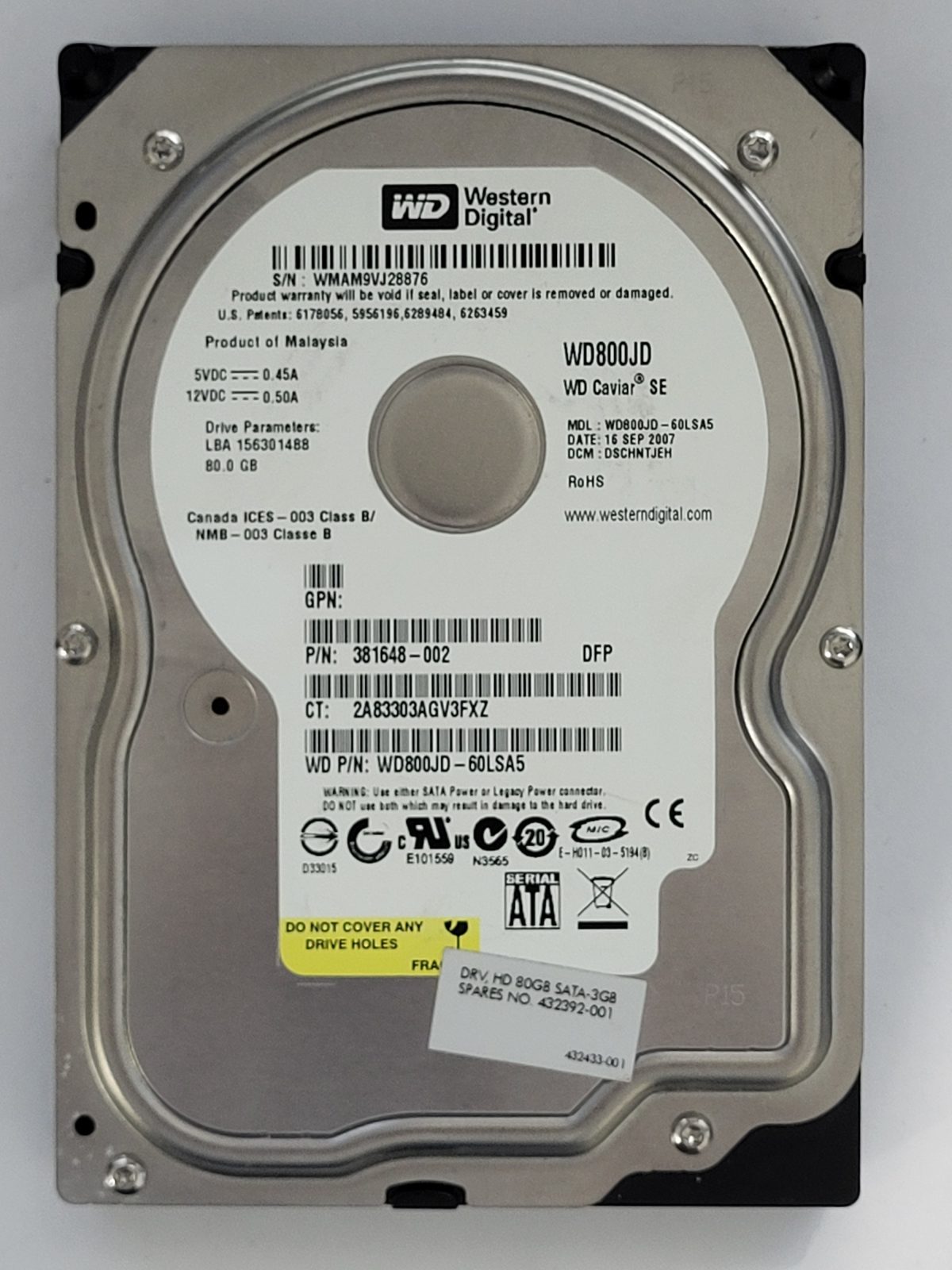 WD800JD-60LSA5, DCM: DSCHNTJEH, 16 SEP 2007 | WD 80Go 3,5" SATA HDD STK