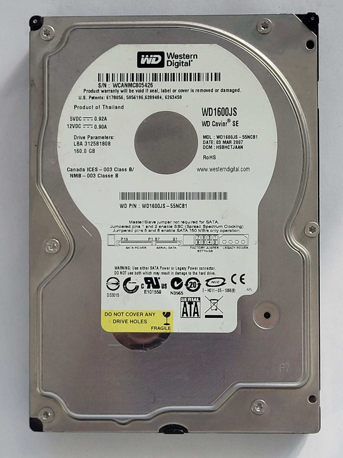 WD1600JS-55NCB1, DCM: HSBHCTJAAN, 03 MAR 2007 | WD 160Go 3,5" SATA HDD STK