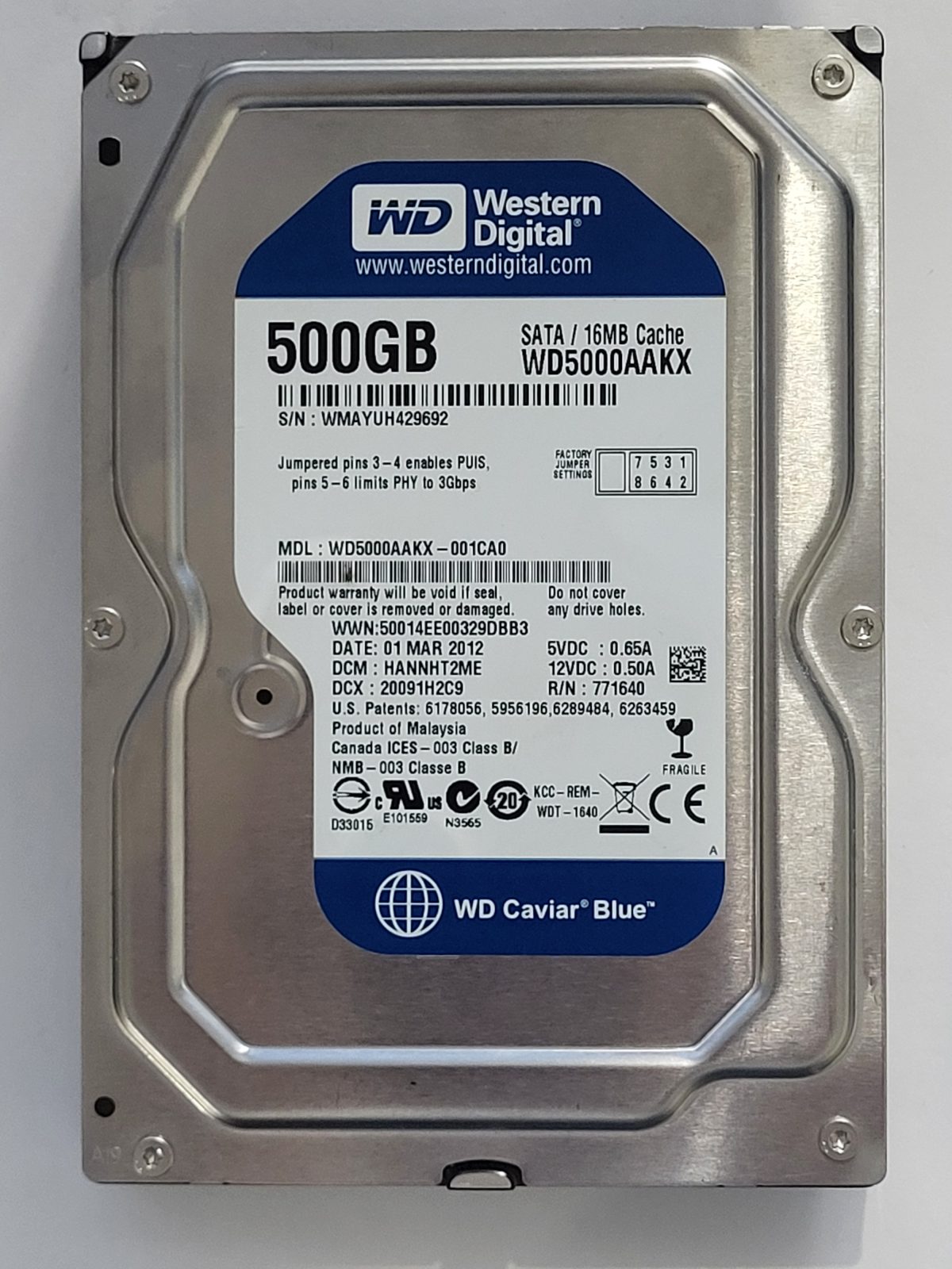 WD5000AAKX-001CA0, DCM: HANNHT2ME, 01 MAR 2012 | WD 500Go 3,5" SATA HDD STK