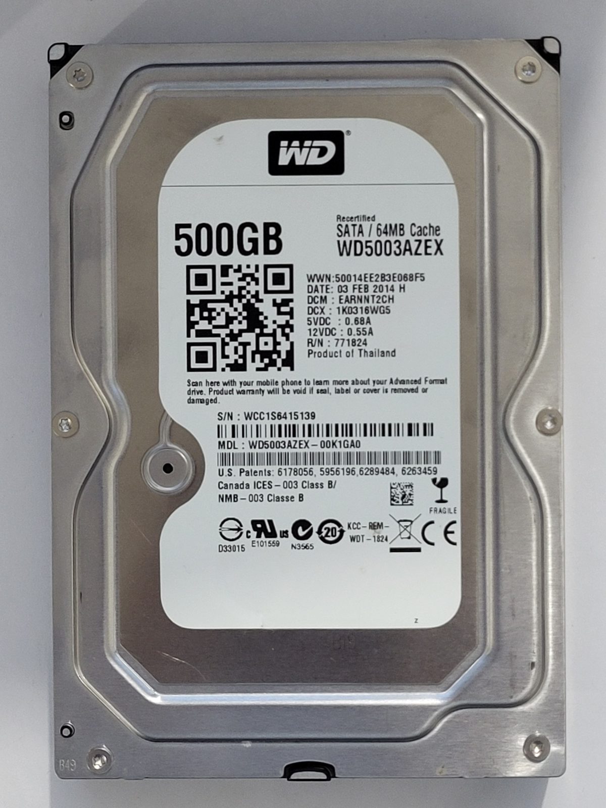 WD5003AZEX-00K1GA0, DCM: EARNNT2CH, 03 FEB 2014 | WD 500Go 3,5" SATA HDD STK