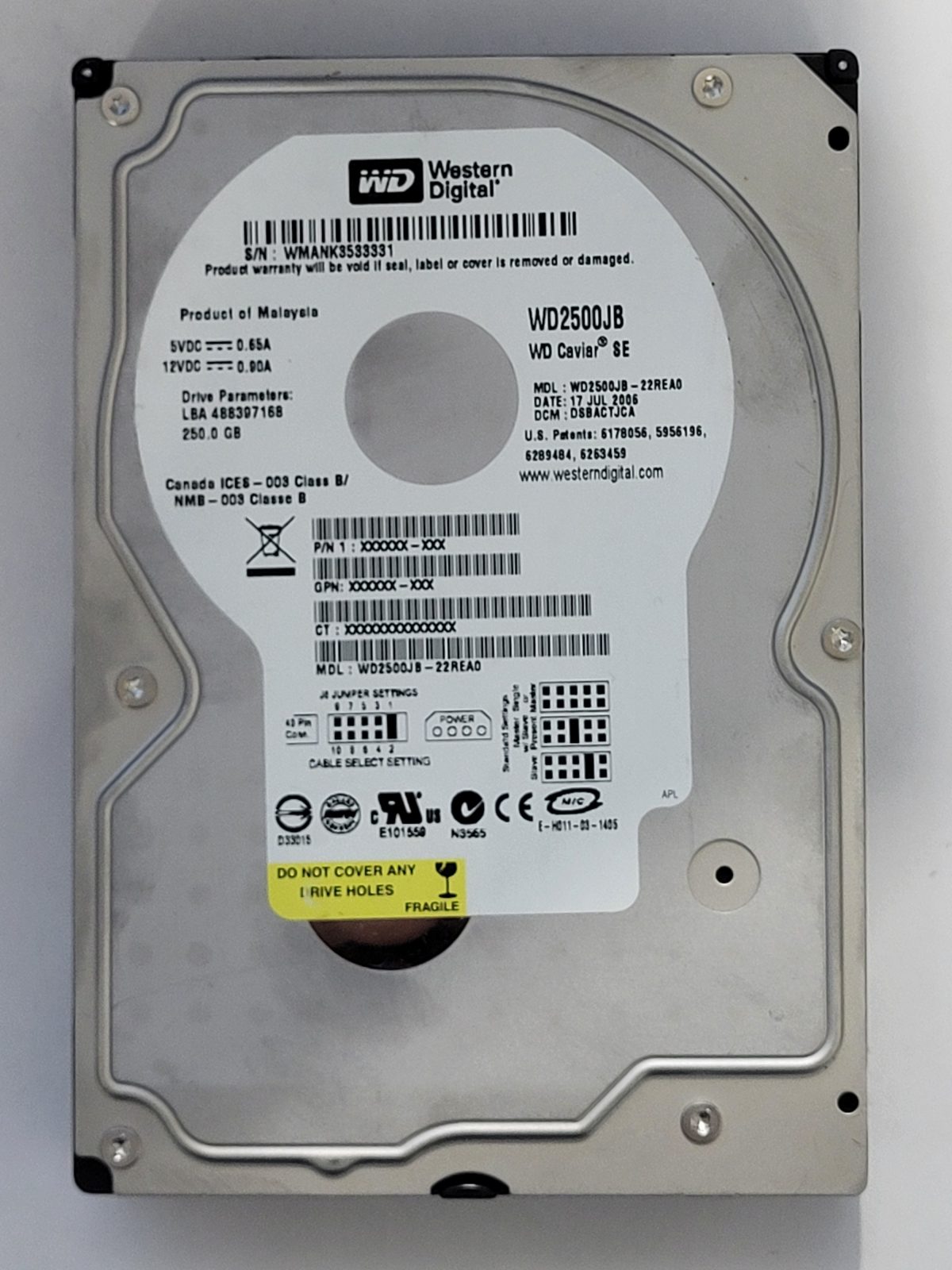 WD2500JB-22REA0, DCM: DSBACTJCA, 17 JUL 2006 | WD 250Go 3,5" PATA HDD STK
