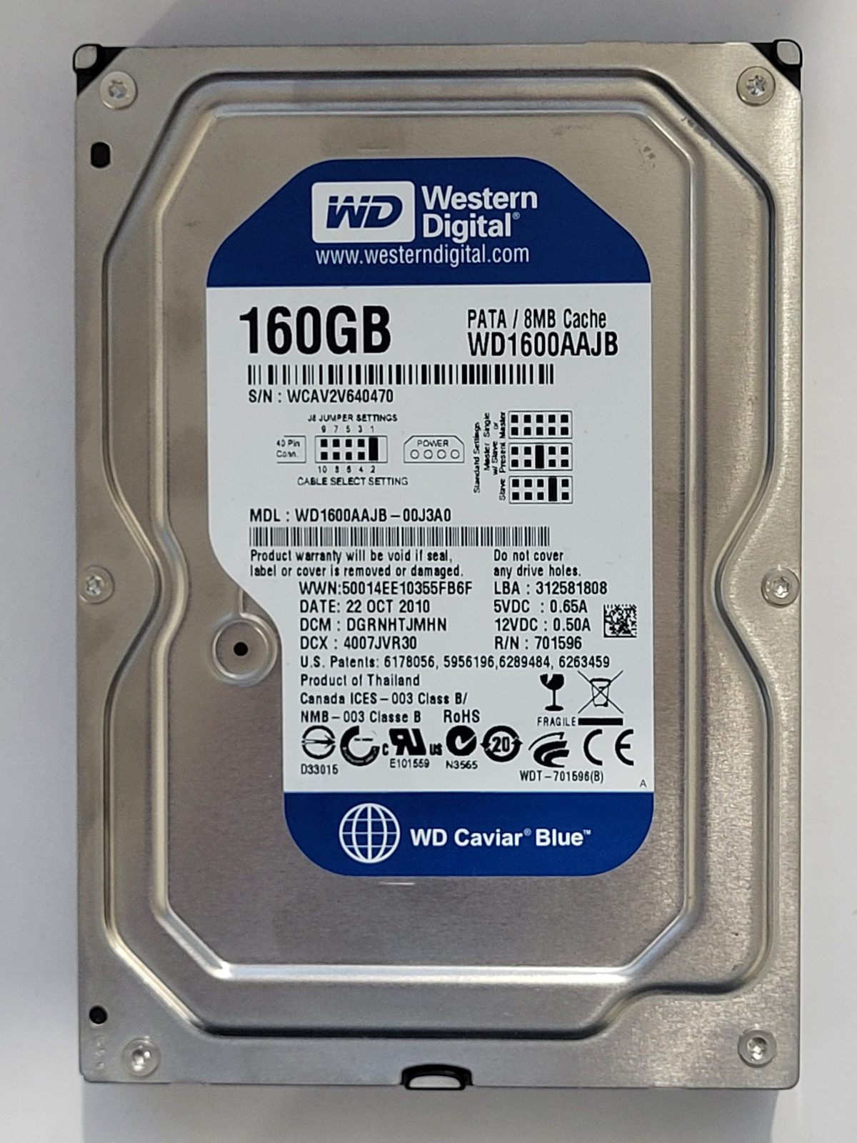 WD1600AAJB-00J3A0, DCM: DGRNHTJMHN, 22 OCT 2010 | WD 160Go 3,5" PATA HDD STK