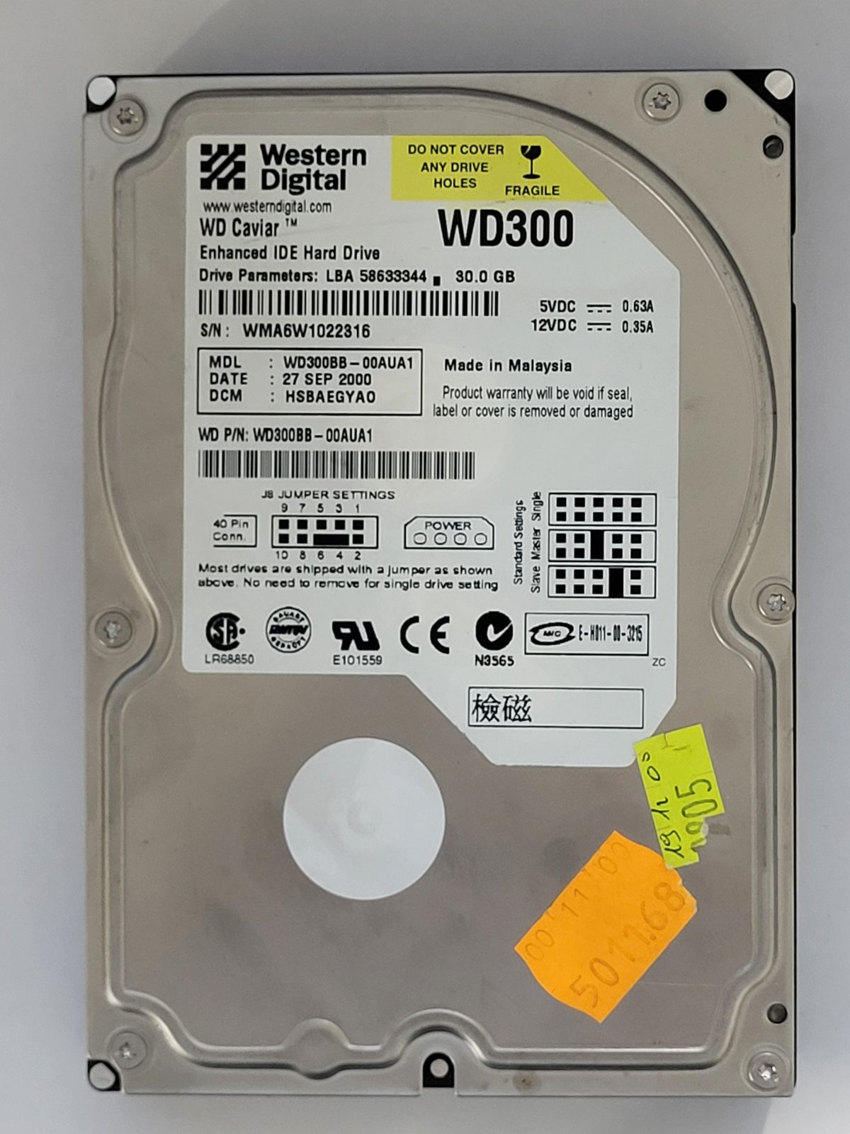 WD300BB-00AUA1, DCM: HSBAEGYA0, 27 SEP 2000 | WD 30Go 3,5" PATA HDD STK