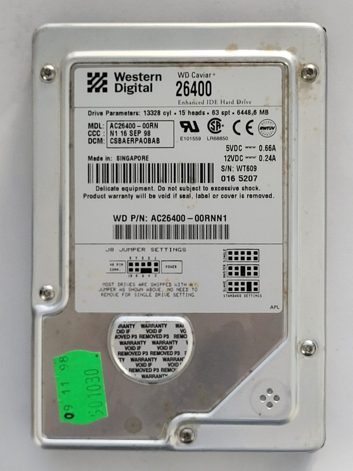 AC26400-00RNN1, DCM: CSBAERPA0BAB, 16 SEP 1998 | WD 6Go 3,5" PATA HDD STK