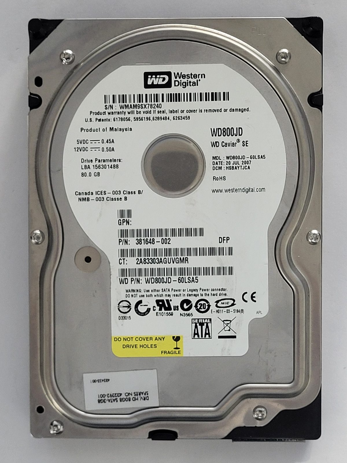 WD800JD-60LSA5, DCM: HSBAYTJCA, 20 JUL 2007 | WD 80Go 3,5" SATA HDD STK