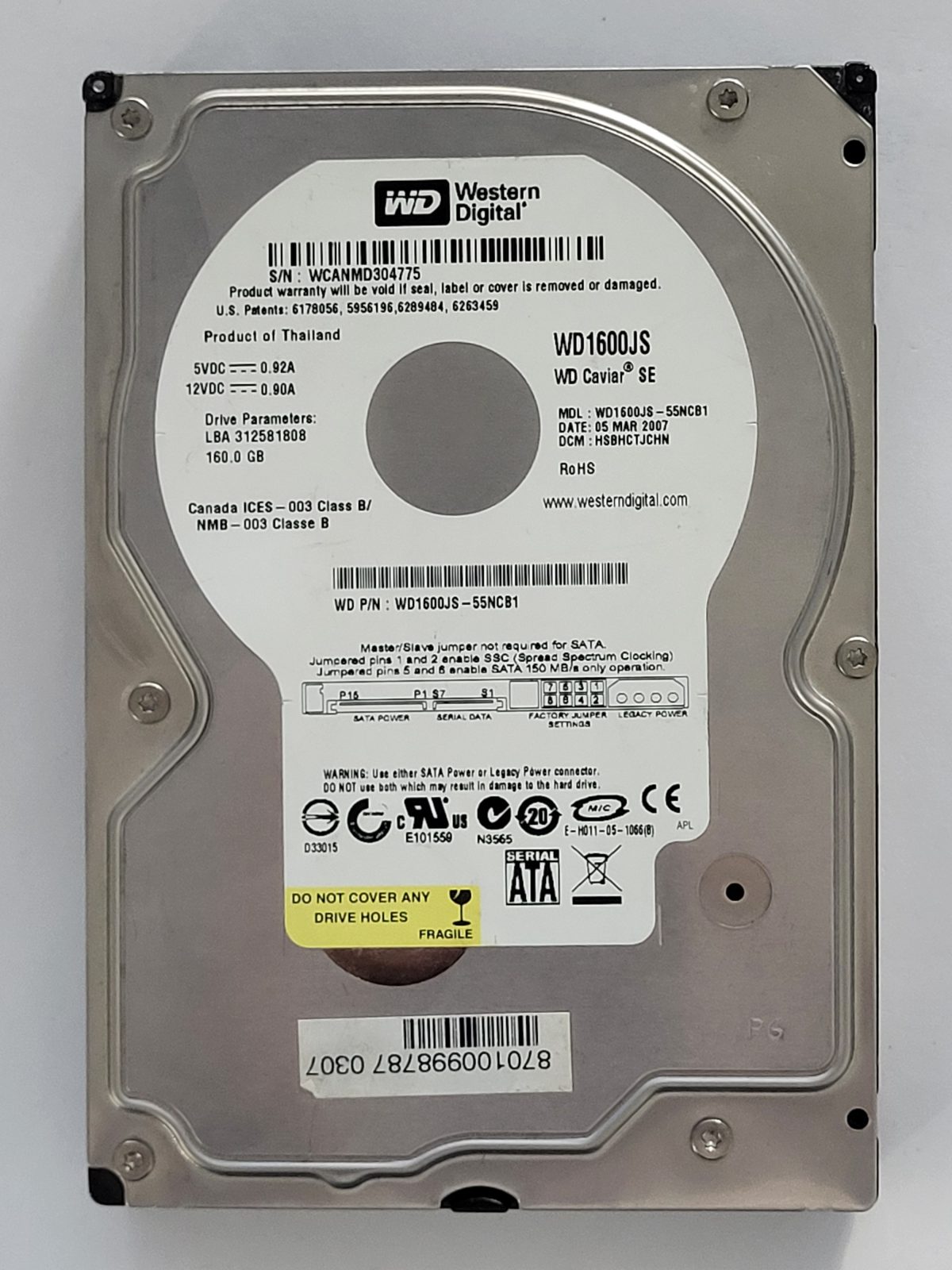 WD1600JS-55NCB1, DCM: HSBHCTJCHN, 05 MAR 2007 | WD 160Go 3,5" SATA HDD STK
