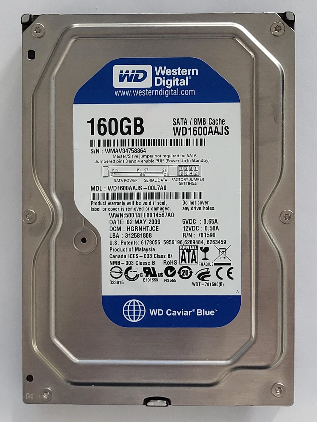 WD1600AAJS-00L7A0, DCM: HGRNHTJCE, 02 MAY 2009 | WD 160Go 3,5" SATA HDD STK