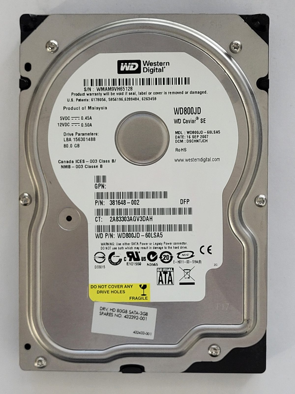 WD800JD-60LSA5, DCM: DSCHNTJCH, 16 SEP 2007 | WD 80Go 3,5" SATA HDD STK