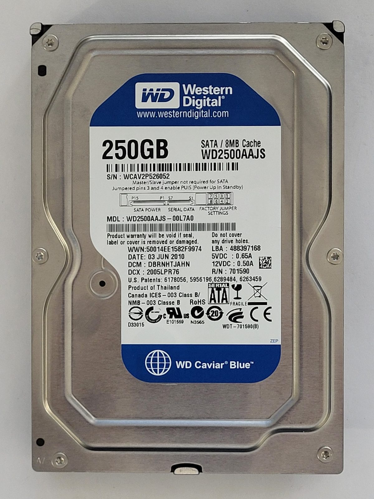 WD2500AAJS-00L7A0, DCM: DBRNHTJAHN, 03 JUN 2010 | WD 250Go 3,5" SATA HDD STK