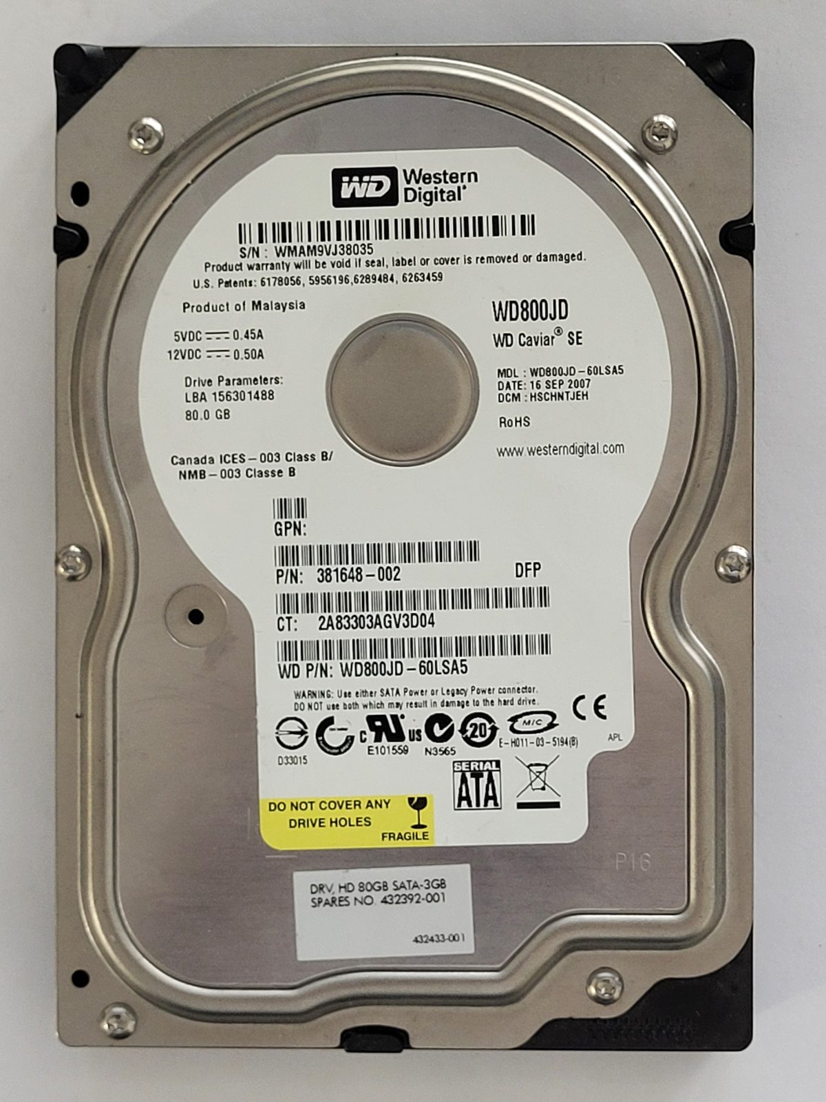 WD800JD-60LSA5, DCM: HSBCHNTJEH, 16 SEP 2007 | WD 80Go 3,5" SATA HDD STK
