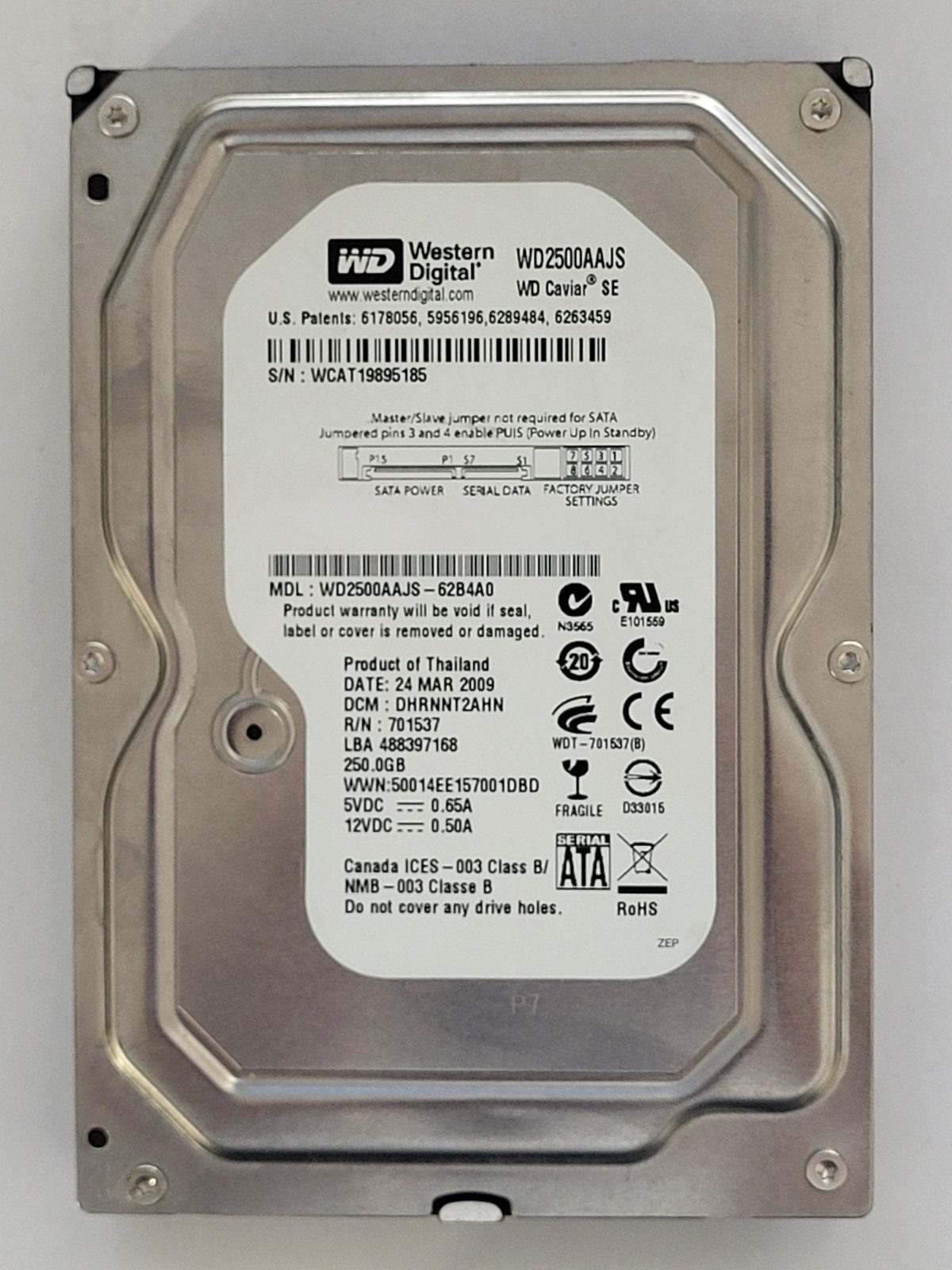 WD2500AAJS-62B4A0, DCM: DHRNNT2AHN, 24 MAR 2009 | WD 250Go 3,5" SATA HDD STK