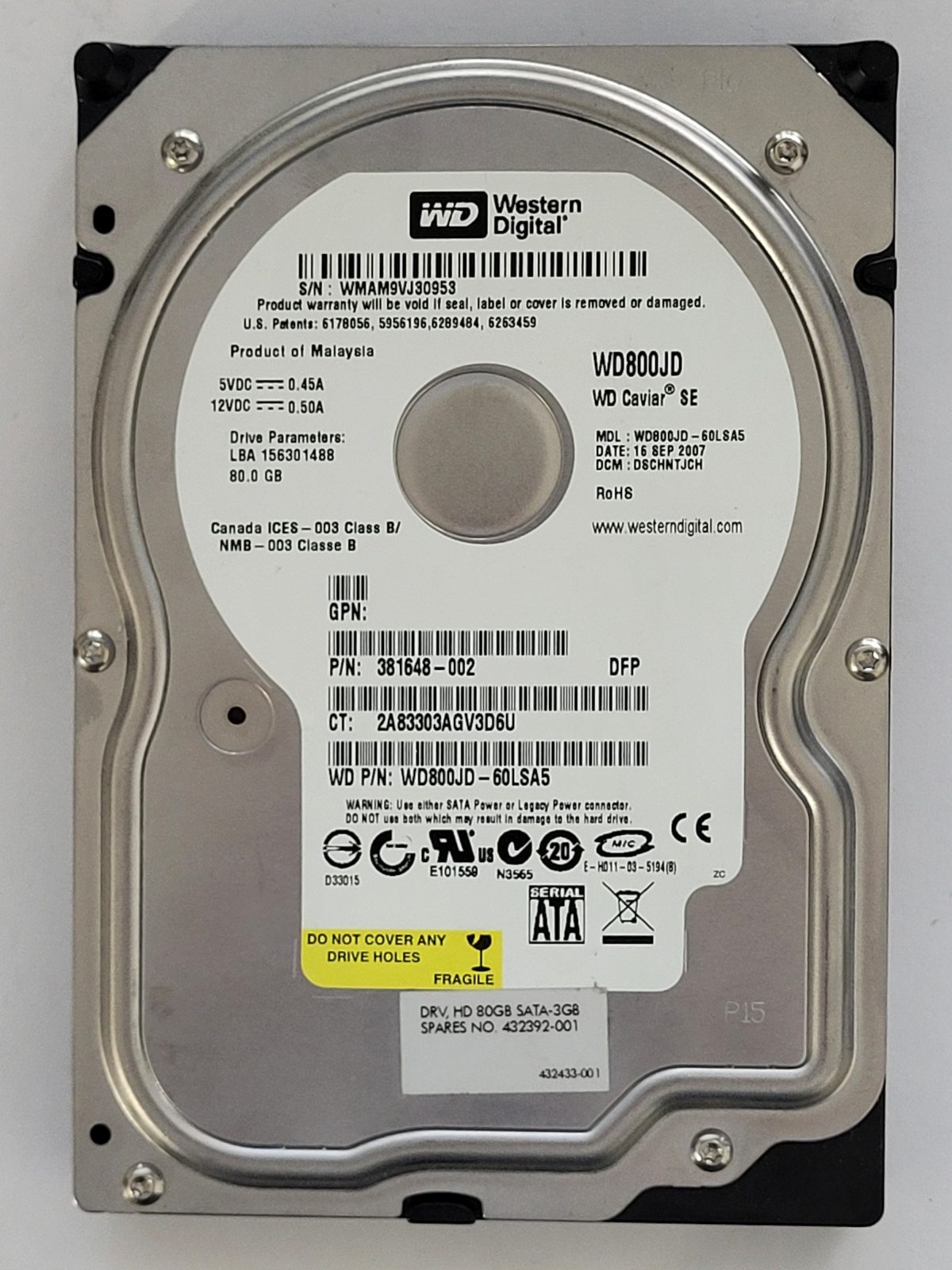 WD800JD-60LSA5, DCM: DSCHNTJCH, 16 SEP 2007 | WD 80Go 3,5" SATA HDD STK