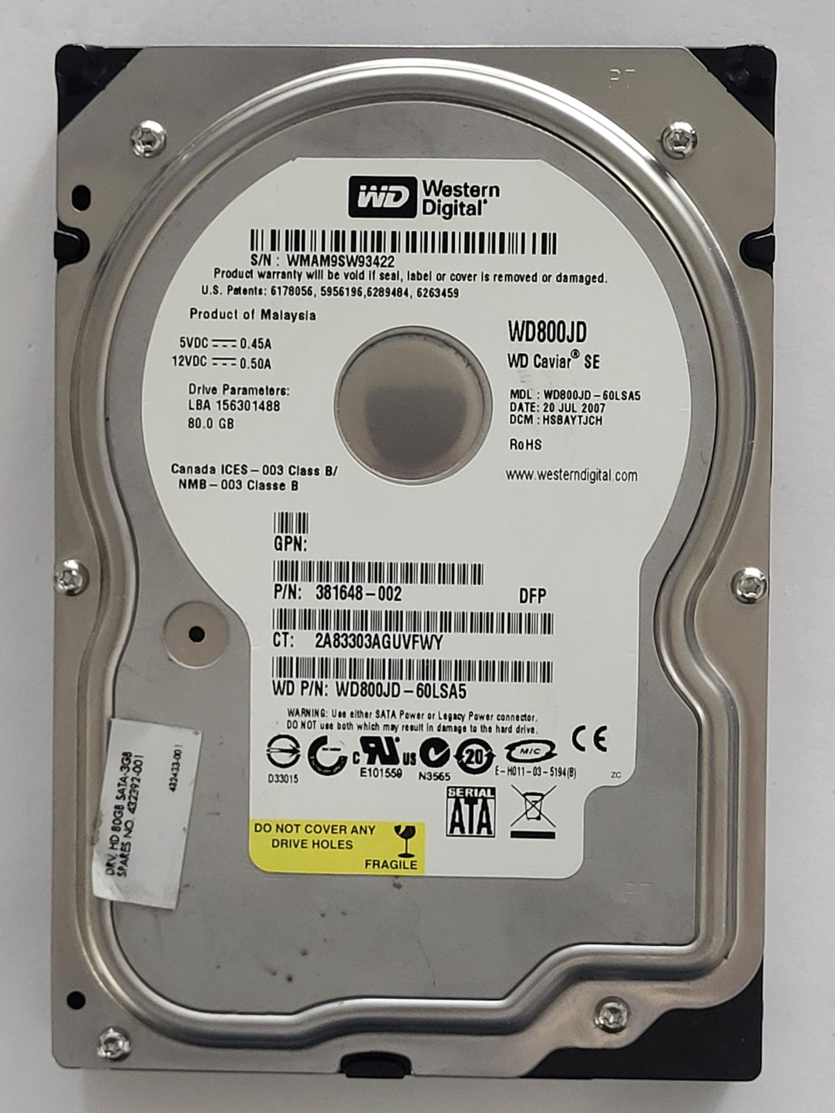 WD800JD-60LSA5, DCM: HSBAYTJCH, 20 JUL 2007 | WD 80Go 3,5" SATA HDD STK
