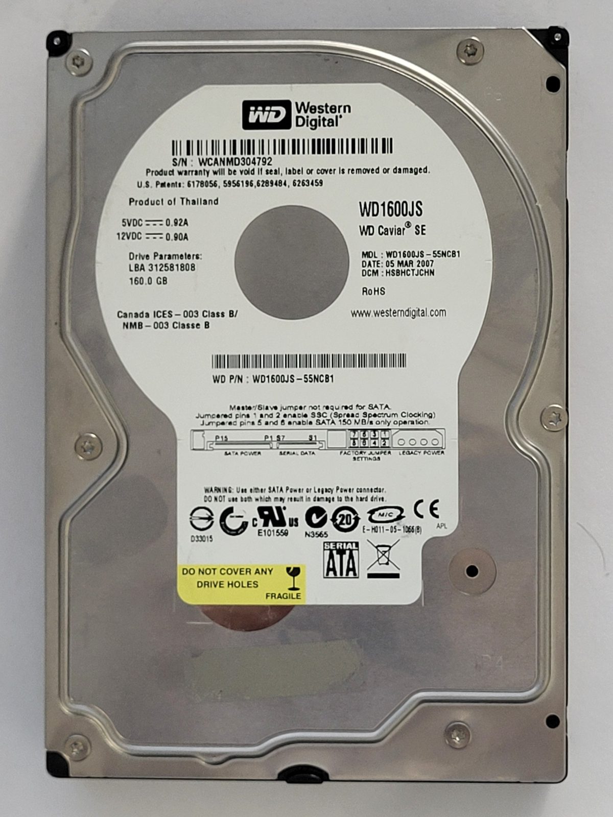WD1600JS-55NCB1, DCM: HSBHCTJCHN, 05 MAR 2007 | WD 160Go 3,5" SATA HDD STK