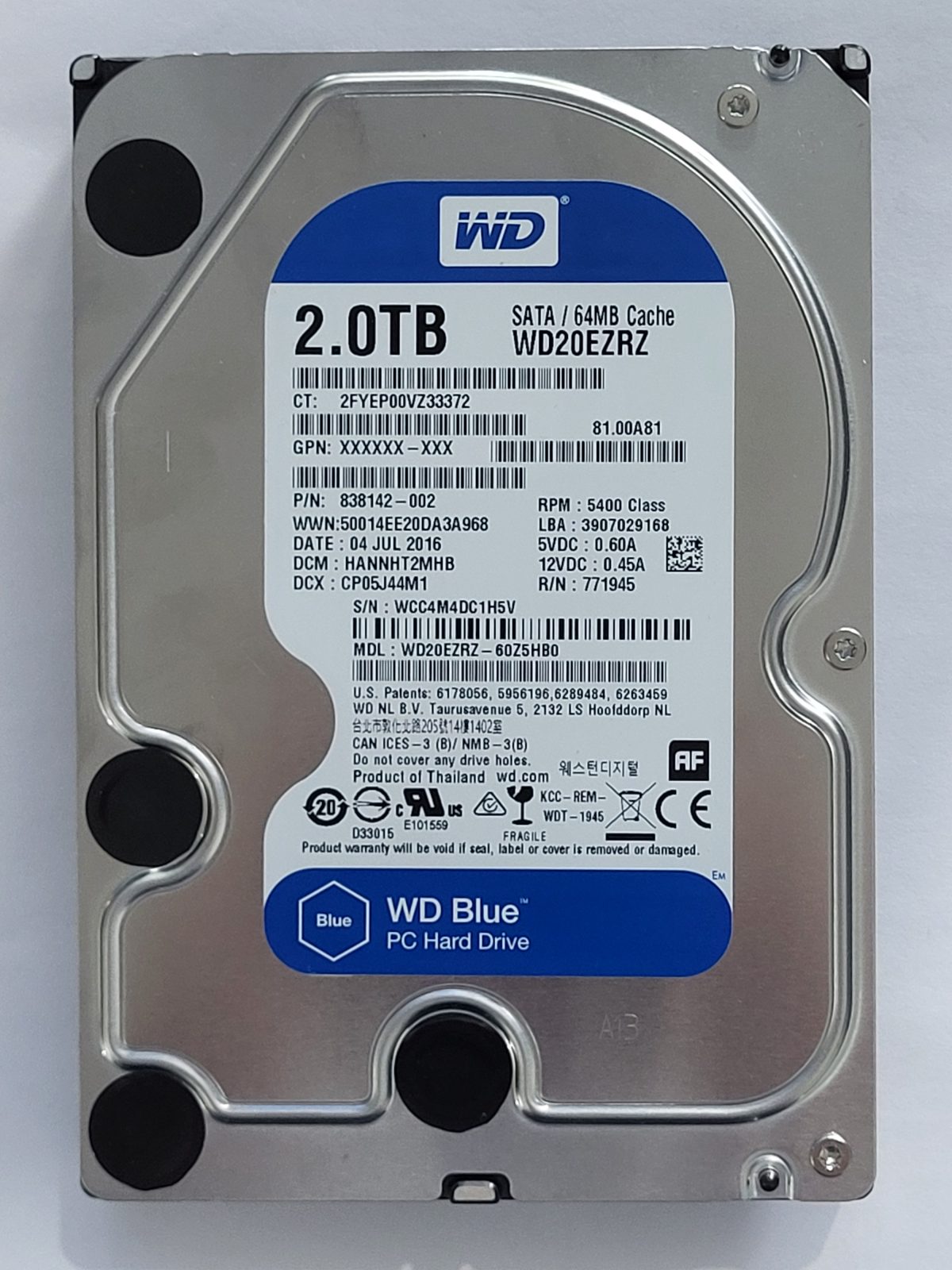 WD20EZRZ-60Z5HB0, DCM: HANNHT2MHB, 04 JUL 2016 | WD 2To 3,5" SATA HDD STK